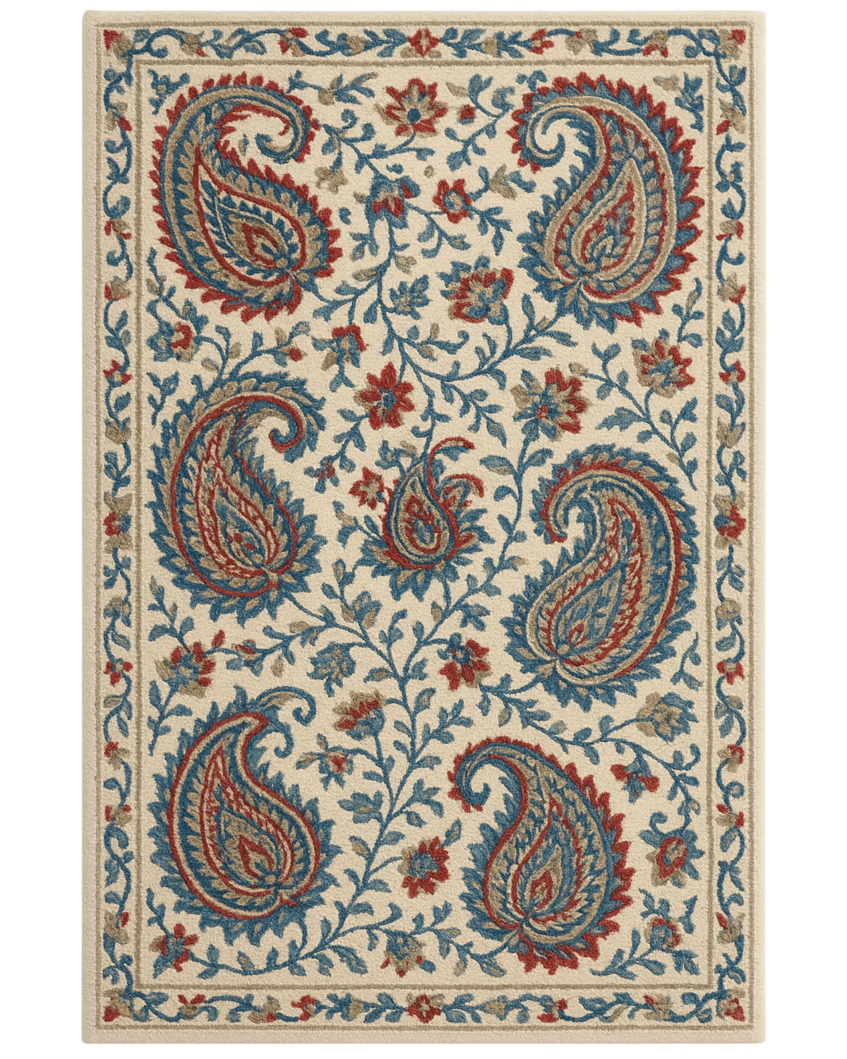 Beige, blue, and red paisley area rug in hand-tufted wool.