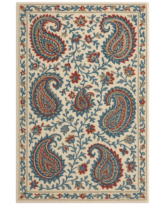 Beige, blue, and red paisley area rug in hand-tufted wool.