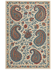 Beige, blue, and red paisley area rug in hand-tufted wool.