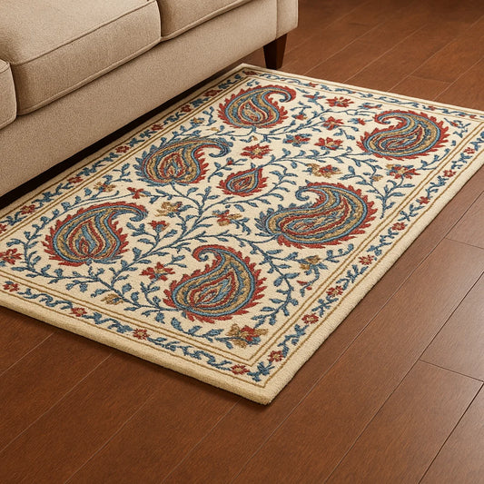 Luxury paisley area rug with traditional floral motifs.