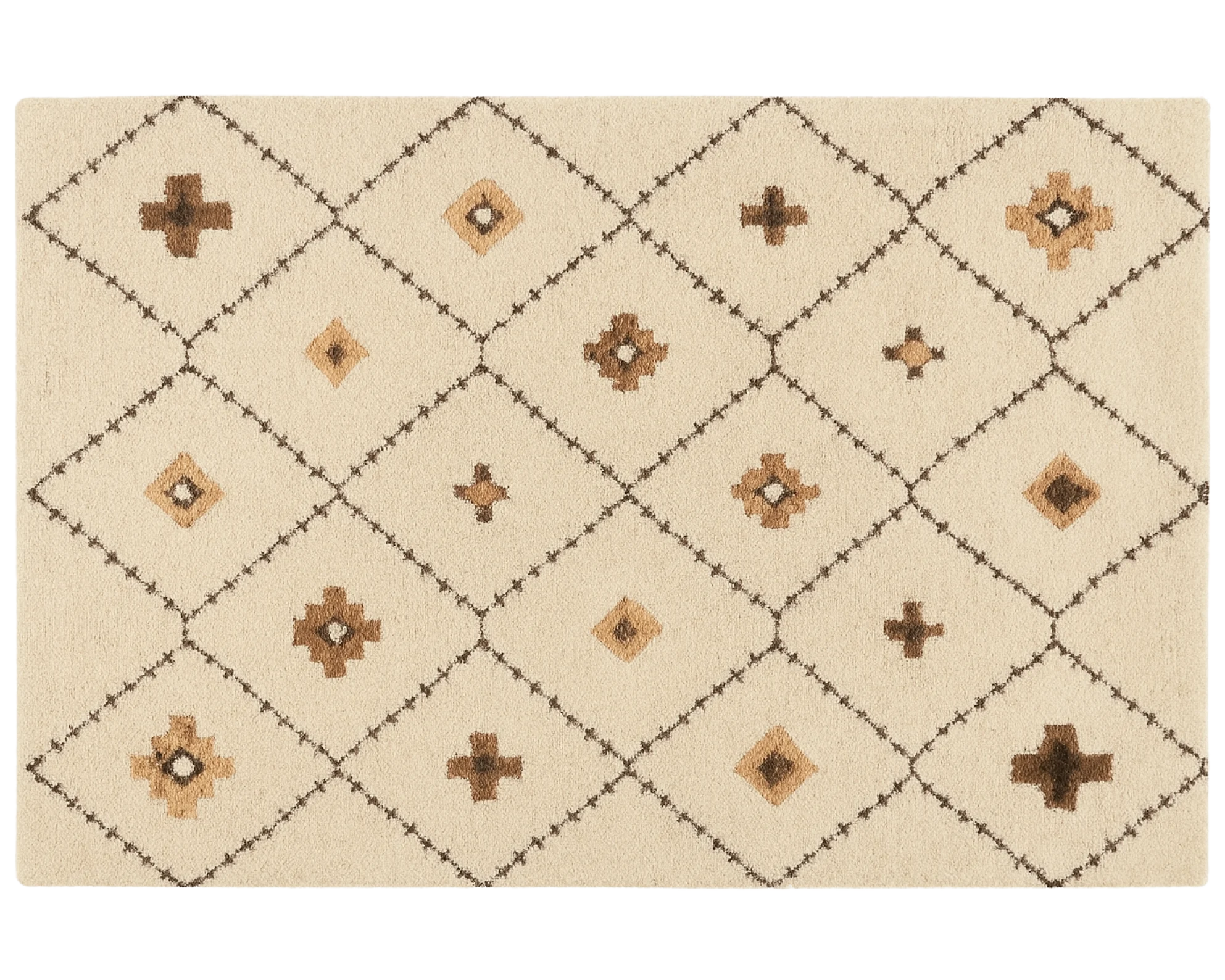 Boho geometric wool rug with beige and tan diamond pattern.