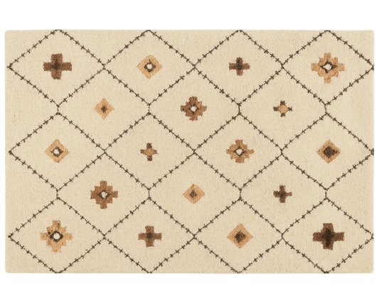 Boho geometric wool rug with beige and tan diamond pattern.