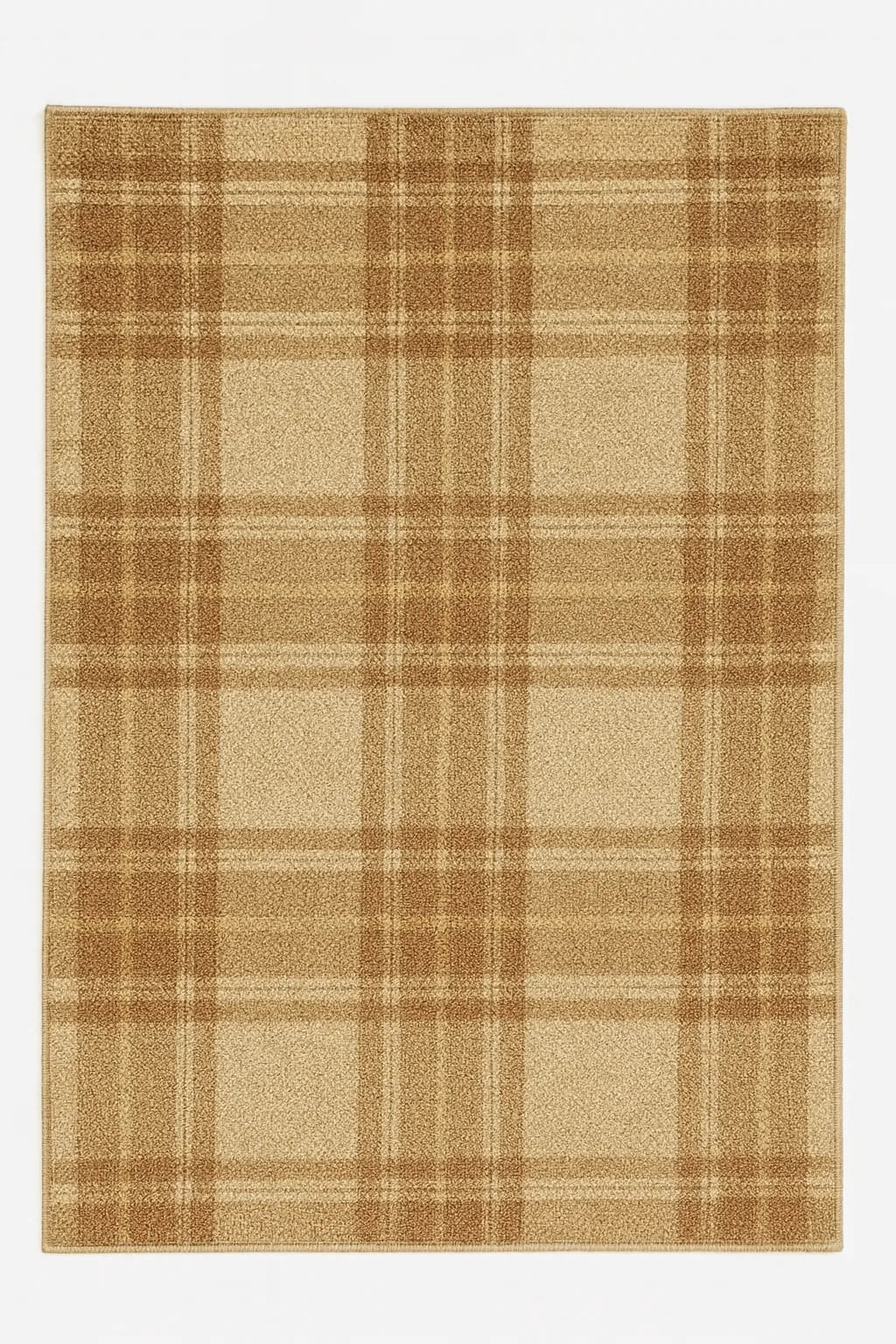 Beige and brown plaid machine washable rug with farmhouse style.