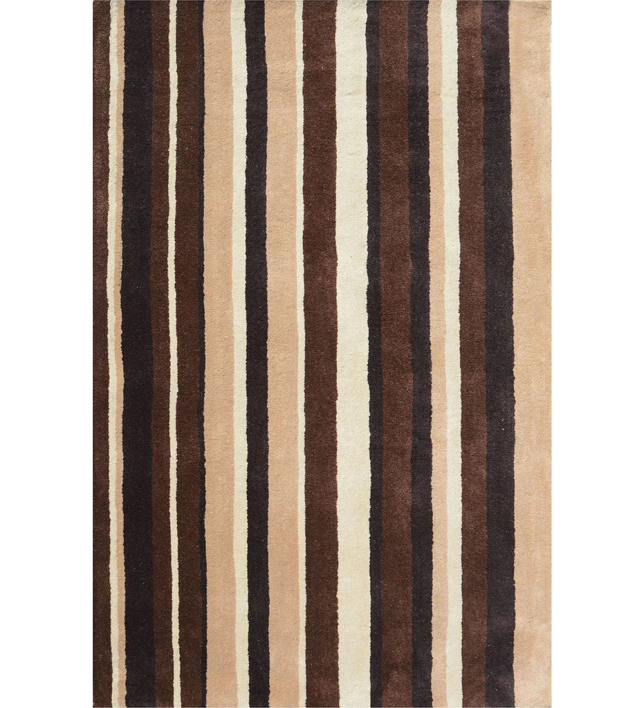 Beige, brown, and ivory hand-tufted wool rug with modern striped design.