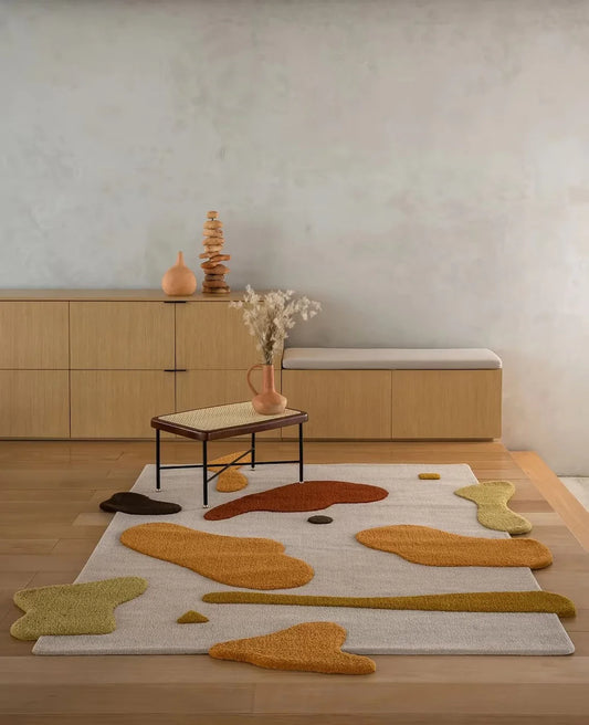 Modern abstract camo-inspired wool area rug.