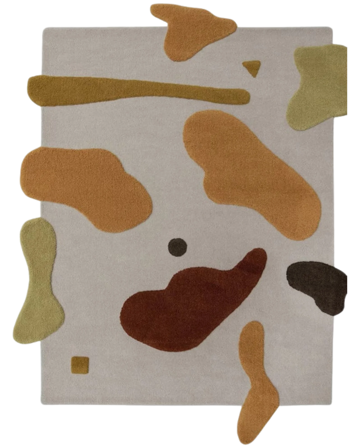 Beige brown mustard hand-tufted wool rug with abstract camo design.