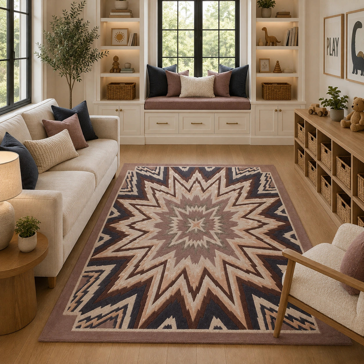 Beige brown starbust wool rug