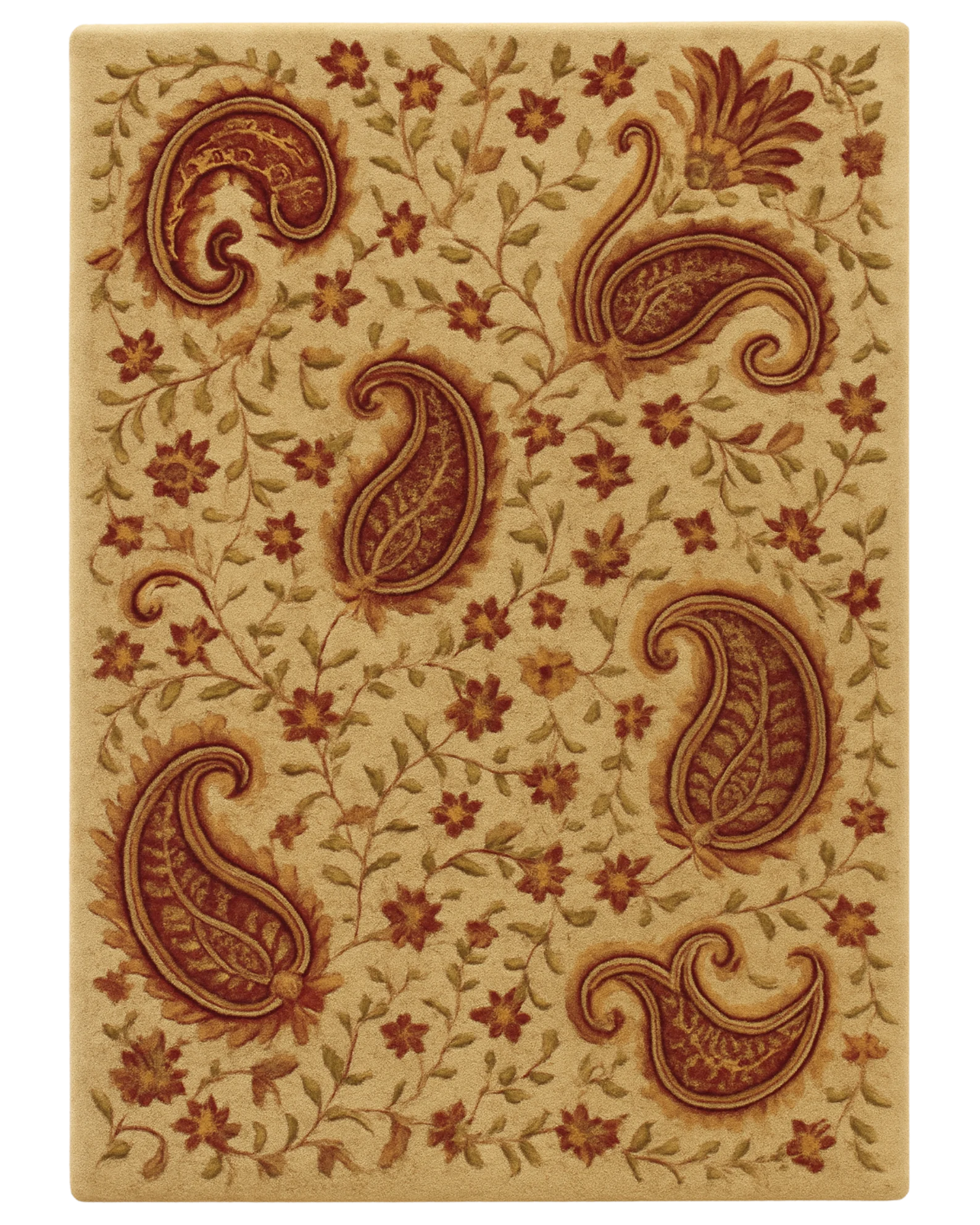 Beige and maroon hand-tufted wool paisley area rug.