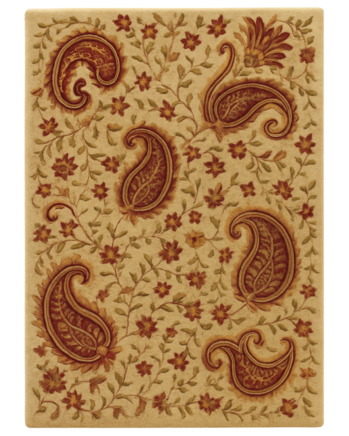 Beige and maroon hand-tufted wool paisley area rug.