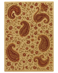 Beige and maroon hand-tufted wool paisley area rug.