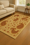 Luxury paisley area rug with beige base and red accents.