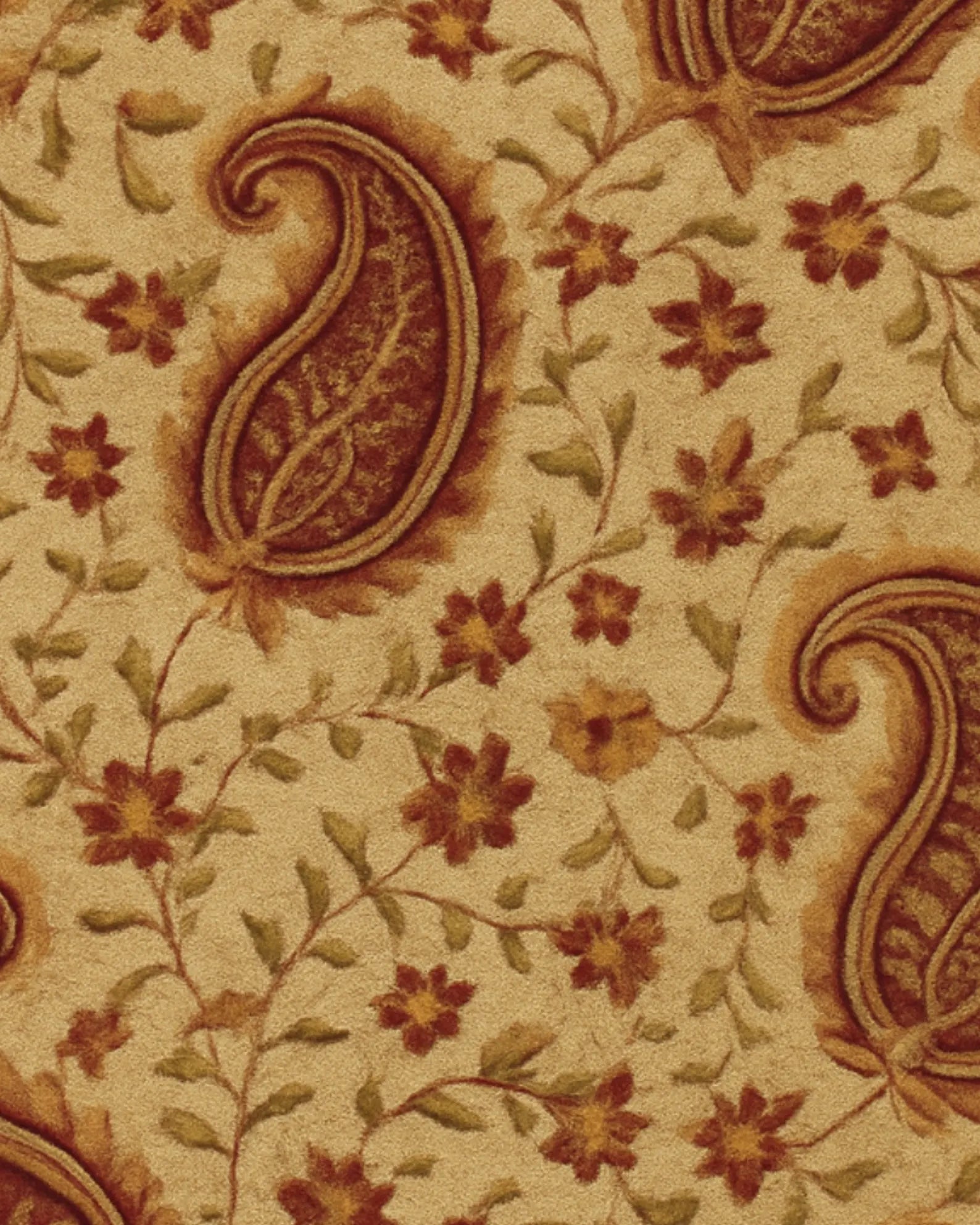 Classic floral and paisley patterned wool rug in beige and maroon.
