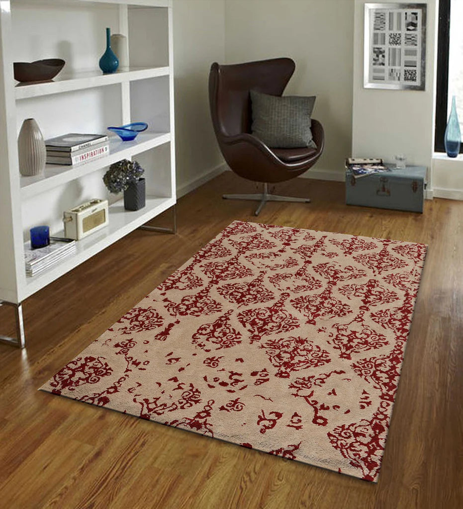 Luxury artisan wool rug with ornate red damask motifs