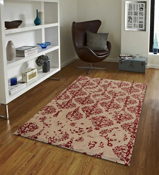 Luxury artisan wool rug with ornate red damask motifs