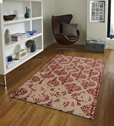 Luxury artisan wool rug with ornate red damask motifs