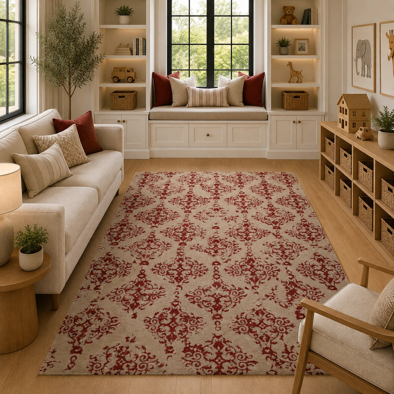 Beige red damask wool rug