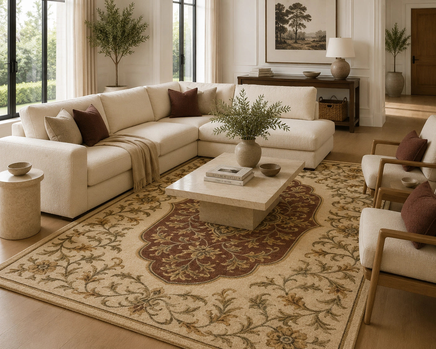 Beige red traditional wool rug
