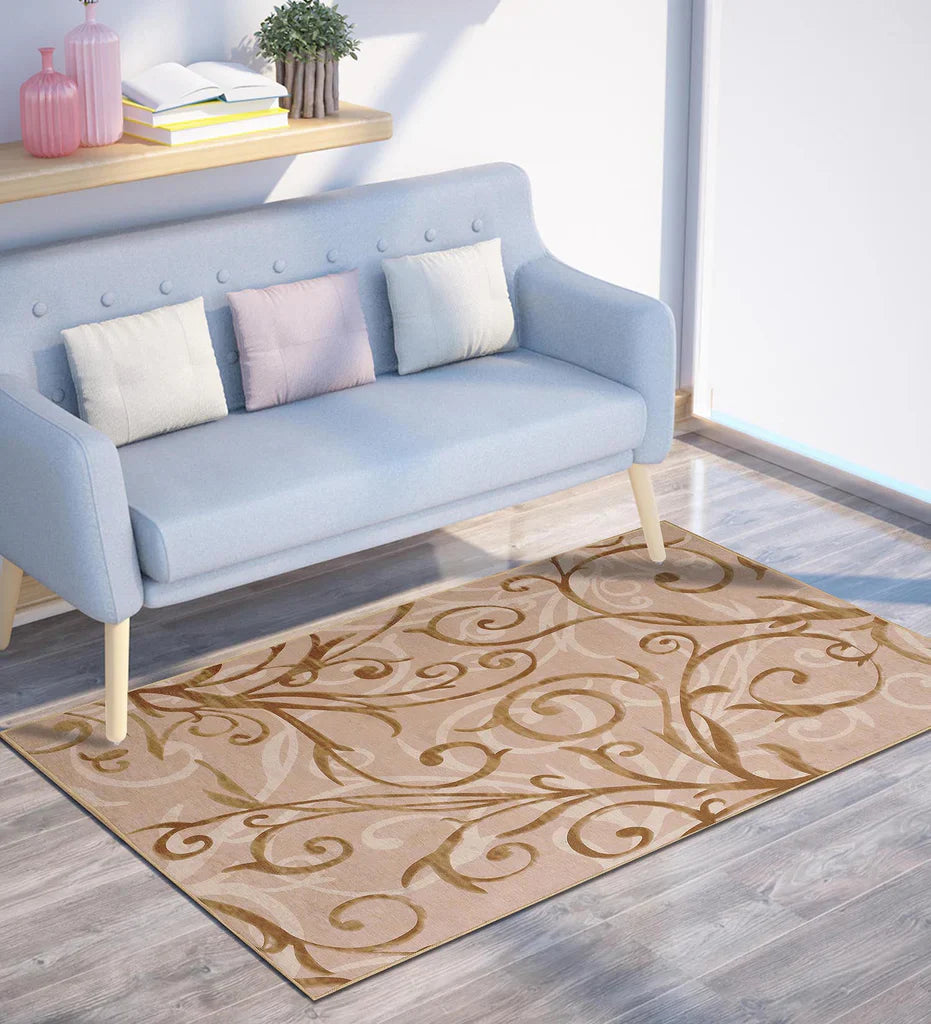 Machine washable beige and tan rug with elegant pattern.