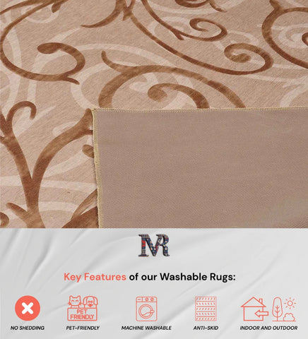 Warm beige and tan patterned rug with easy-care design.