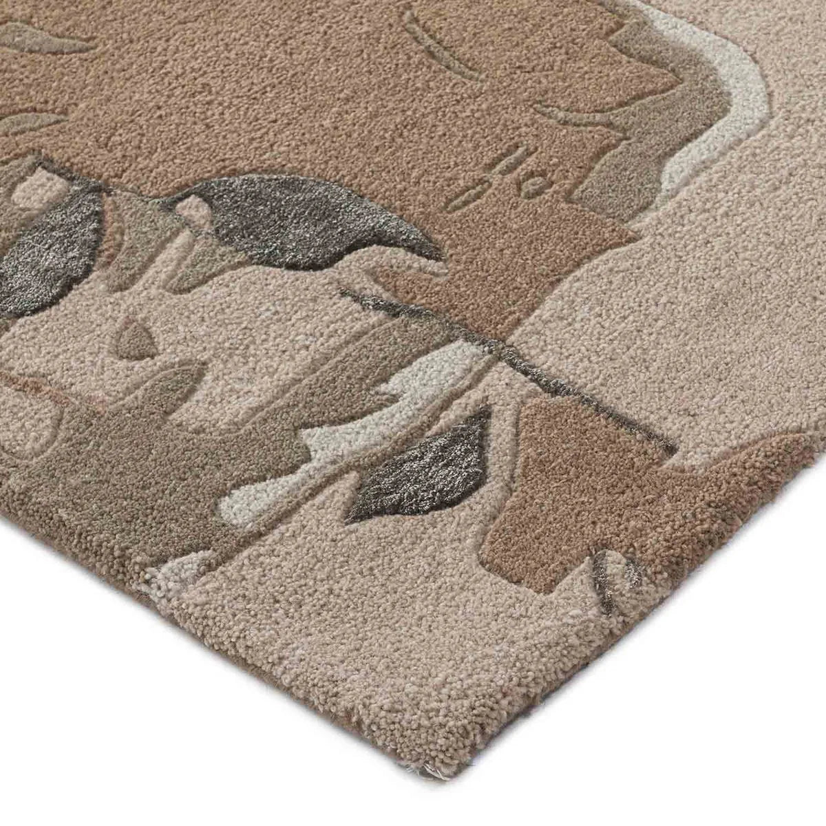 Neutral beige rug with soft blush and terracotta flower accents.
