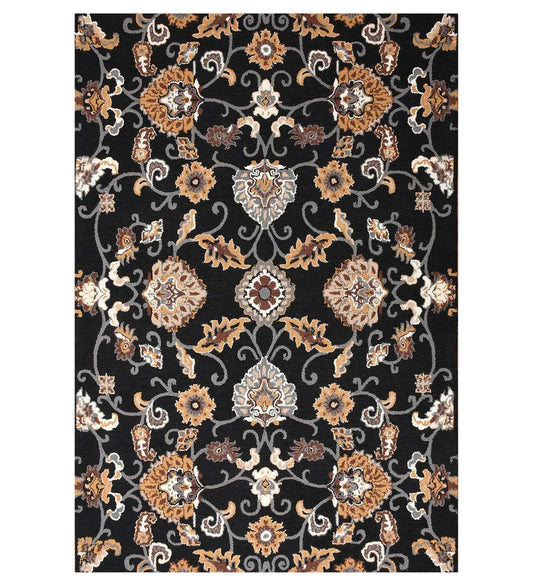 Traditional black floral hand-tufted wool rug with Oriental design