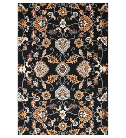 Traditional black floral hand-tufted wool rug with Oriental design