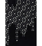 Black modern rug with abstract white and gray geometric pattern resembling stars and lines