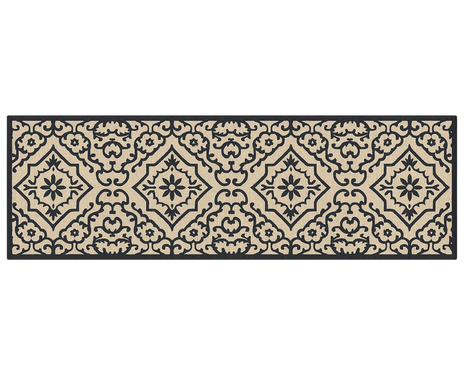 Ornamental black and beige runner rug