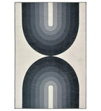 Black and gray modern geometric arch rug with layered semicircles on light background