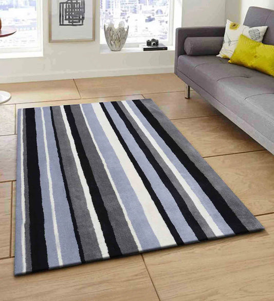 Luxury striped wool rug in shades of blue, gray, and black.