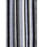Black, gray, and blue hand-tufted wool rug with vertical striped pattern.