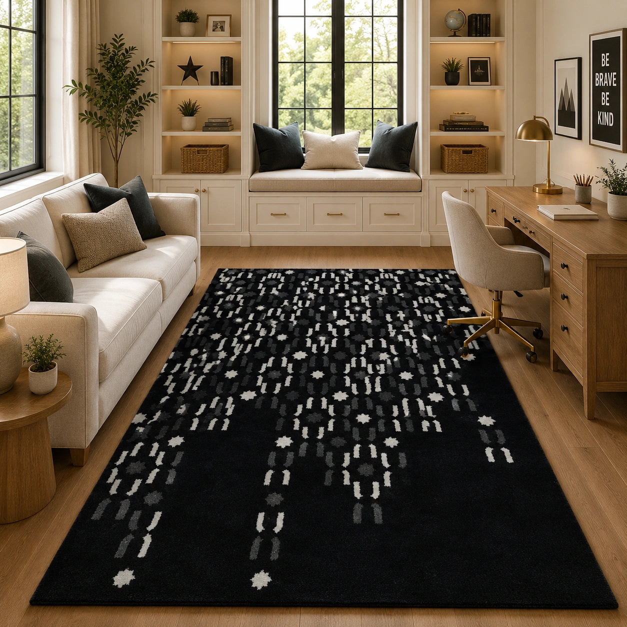 Black gray white wool rug