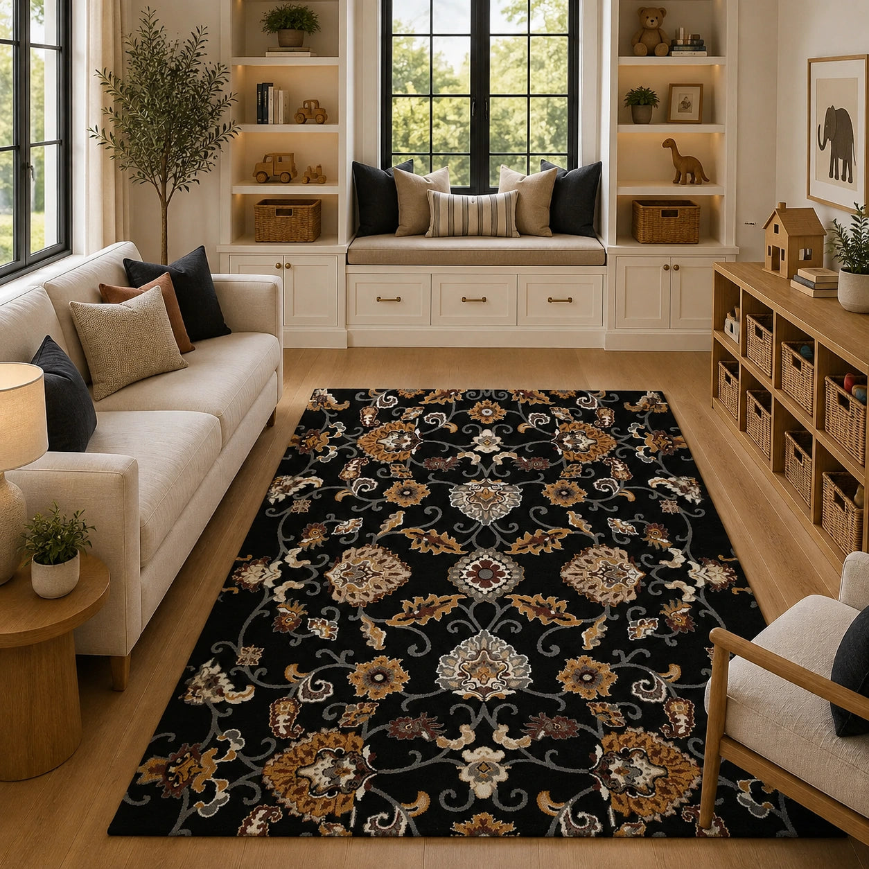 Black heritage traditional floral wool rug
