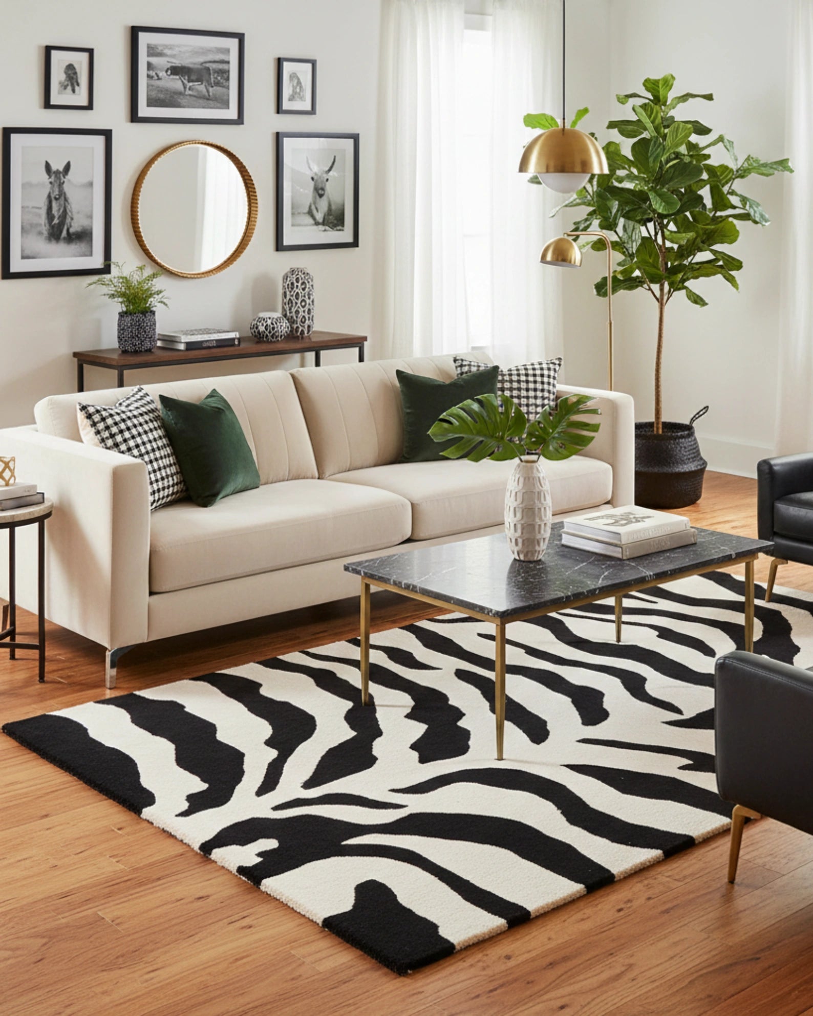 Black and ivory animal print area rug with a hand-tufted finish, enhancing a modern living room with graphic contrast