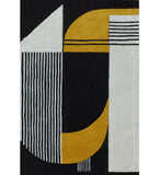 Luxury geometric rug with mustard yellow, black, and white abstract patterns, handwoven design