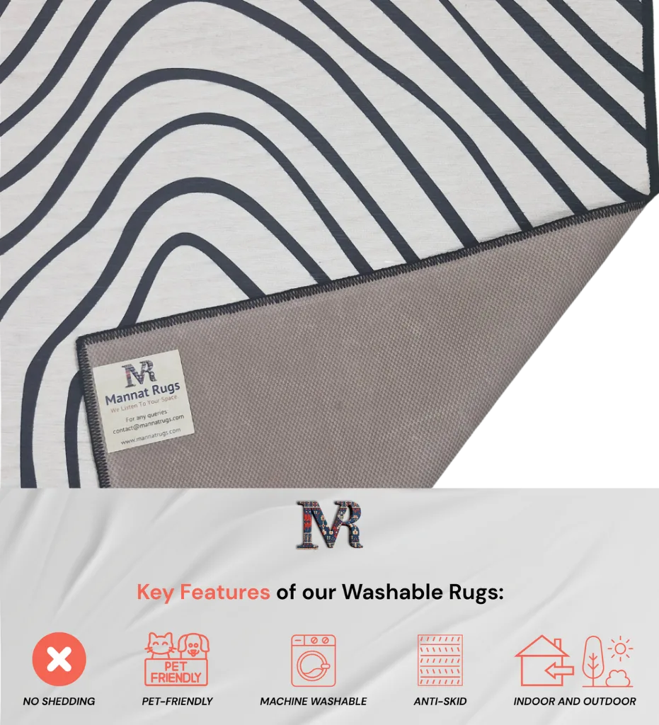 Black wavy lines on white base rug modern abstract and machine washable.