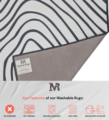 Black wavy lines on white base rug modern abstract and machine washable.
