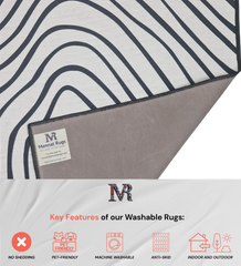 Black wavy lines on white base rug modern abstract and machine washable.