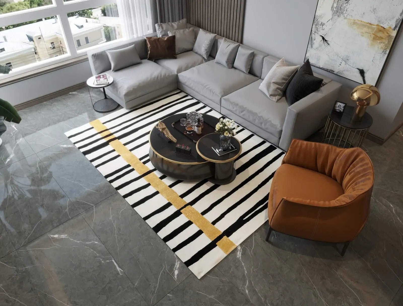 Luxury artisan rug with bold black stripes and vertical mustard line.