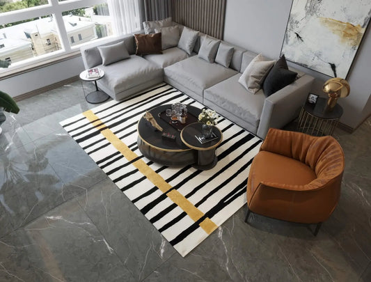 Luxury artisan rug with bold black stripes and vertical mustard line.