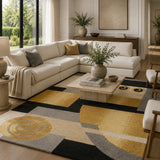 Black and Golden Geometric Area Rug - Hand Tufted