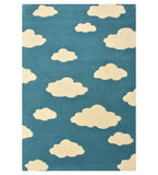 Blue wool rug with white cloud pattern, hand-tufted design, luxury decorative area rug