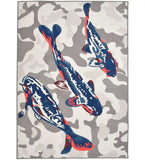 Handwoven luxury rug featuring three blue and red koi fish on a beige and gray abstract background
