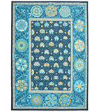 Blue and teal floral patterned handwoven luxury rug with intricate medallion border and detailed center design