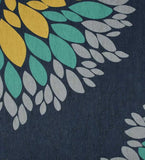 Close-up of luxury handwoven rug with modern floral pattern in yellow, teal, and gray on navy background