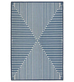 Blue modern geometric rug with symmetrical white line pattern and dot accents, luxury handwoven design