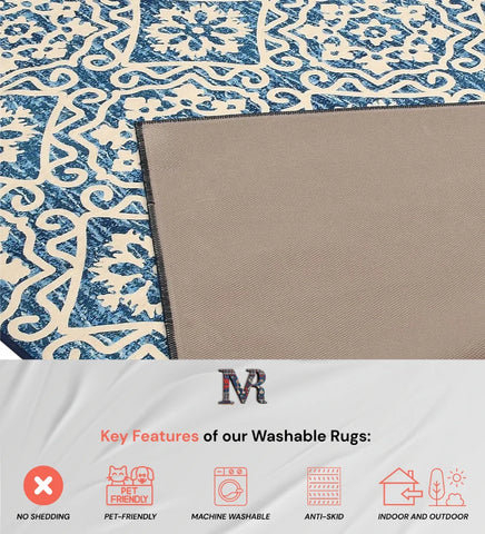 Blue and ivory Moroccan patterned rug.