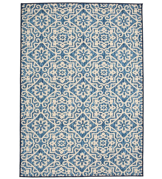 Blue Moroccan style machine washable rug.