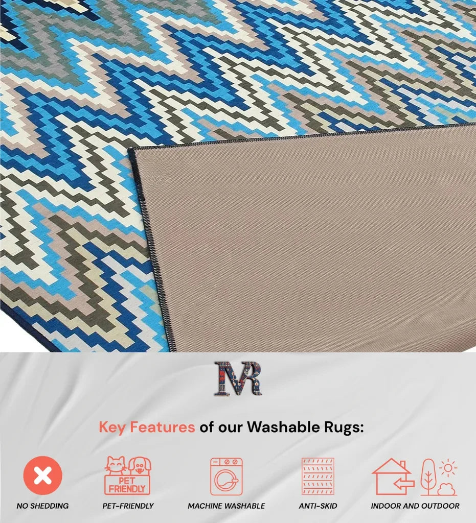 Easy-care machine washable blue patterned rug.