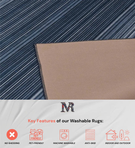 Soft blue striped rug for casual home decor.